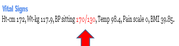 Screenshot showing abnormal blood pressure highlighted in red within EHR vital sign screen (used with permission from CHC, Inc. and eClinicalWorks)