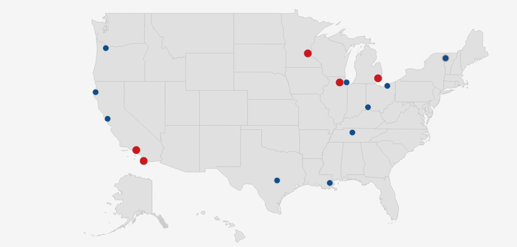 A map of the United States that shows with markers the locations of the grantees for the Community Health Peer Learning Program. Grantees are located in San Diego, Calirfornia; Los Angeles, California; San Francisco, California; Austin, Texas; New Orleans, Louisiana; Portland, Oregon; Minneapolis, Minnesota; Chicago, Illinois; Cincinnati, Ohio; Cleveland, Ohio; Detroit, Michigan; Burlington, Vermont.