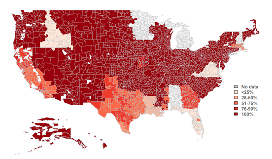 This figure displays a map of the US broken down by hospital service area (HSA). Each HSA is filled with a color representing the percentage of HIOs within that respective region that make laboratory results available to participating organizations, based on the data available from the 2023 National Survey of HIOs. The legend displays color coding for the following ranges of percents: no data, <25%, 26-50%, 51-75%, 76-99%, and 100%. 